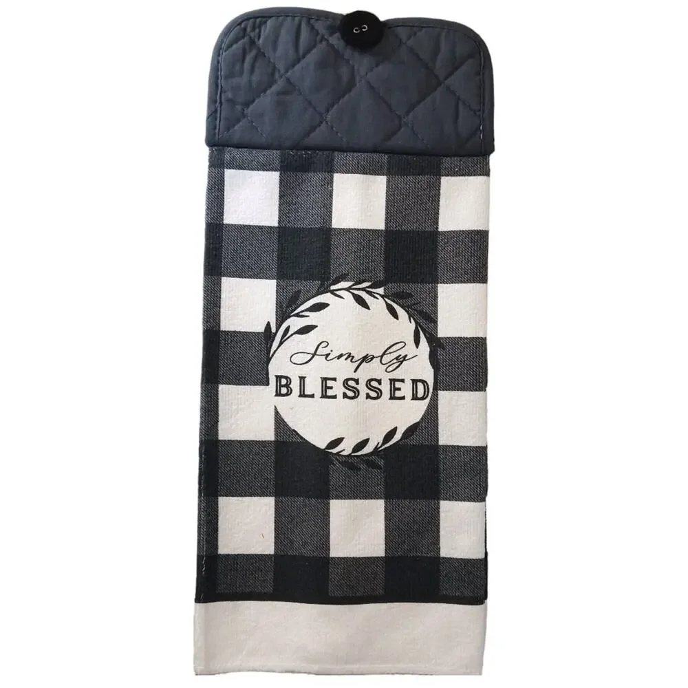Simply Blessed Kitchen Towel HNDMDE Farmhouse Black White Buffalo Check Country